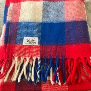 Vintage Faribo Wool Throw Blanket Red Blue White Plaid Fluff Loomed USA 64x54”